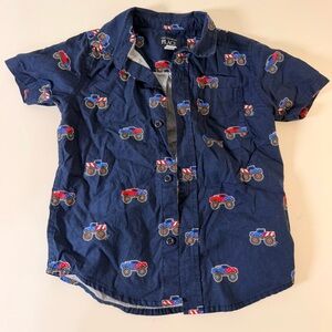 The Children's Place Navy Button-Down Shirt with Red & Blue Truck Print